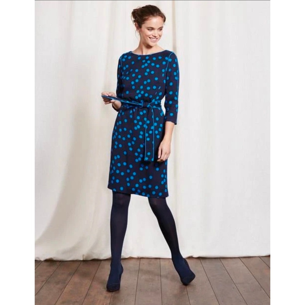 Boden Polka Dot Dress Womens‎ 12L Navy Blue Midi Belted Shift Feminine Cocktail
